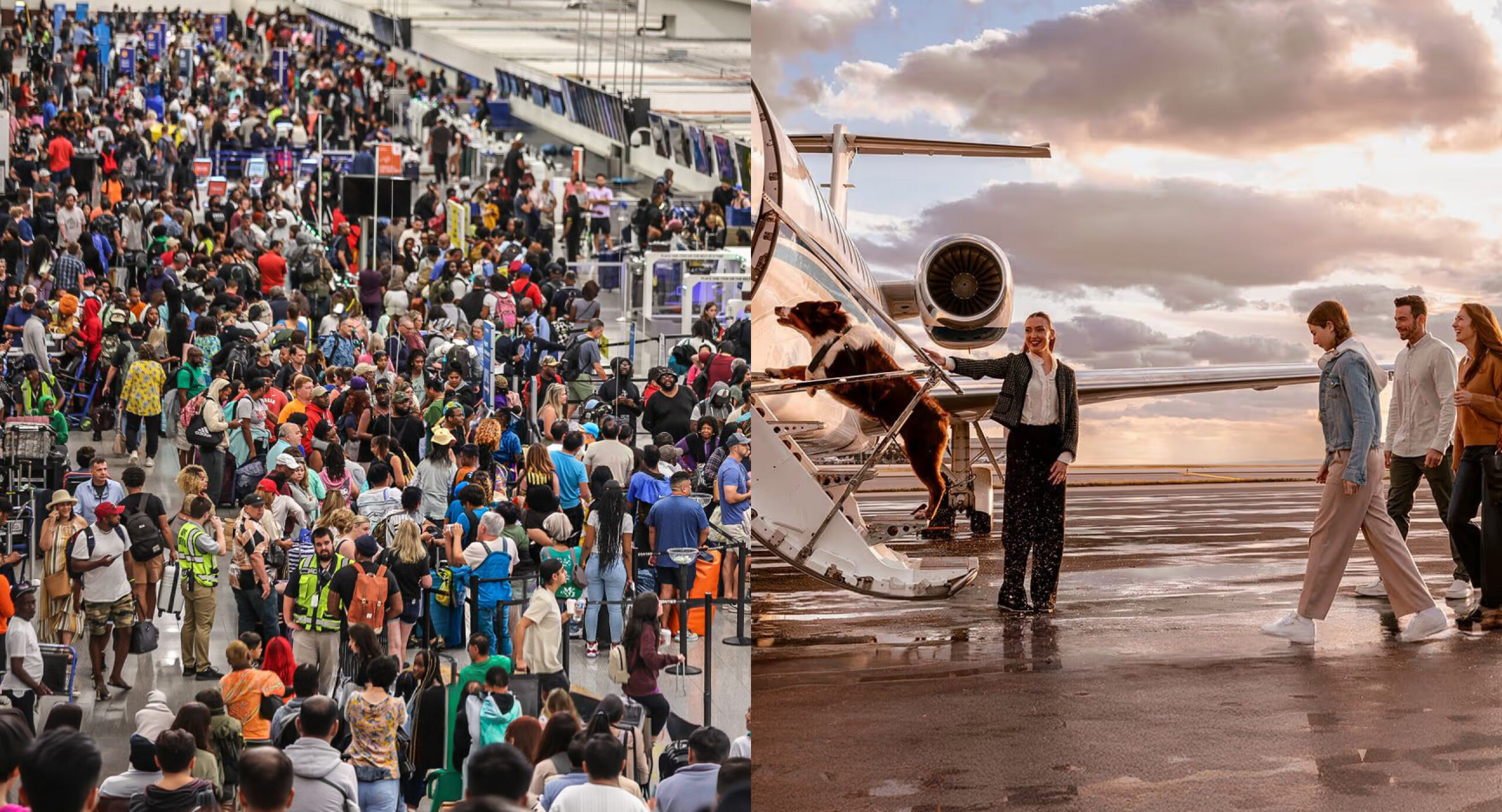 Crowded commercial airport with business travelers waiting in long TSA security lines, illustrating the delays, congestion, and travel friction that private jet travel can help avoid.