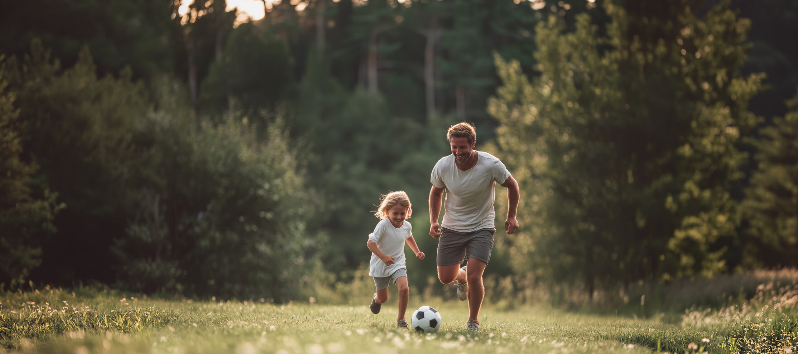 Father playing soccer with his daughter outdoors, representing the family time and personal moments private jets and private aviation can help busy professionals protect