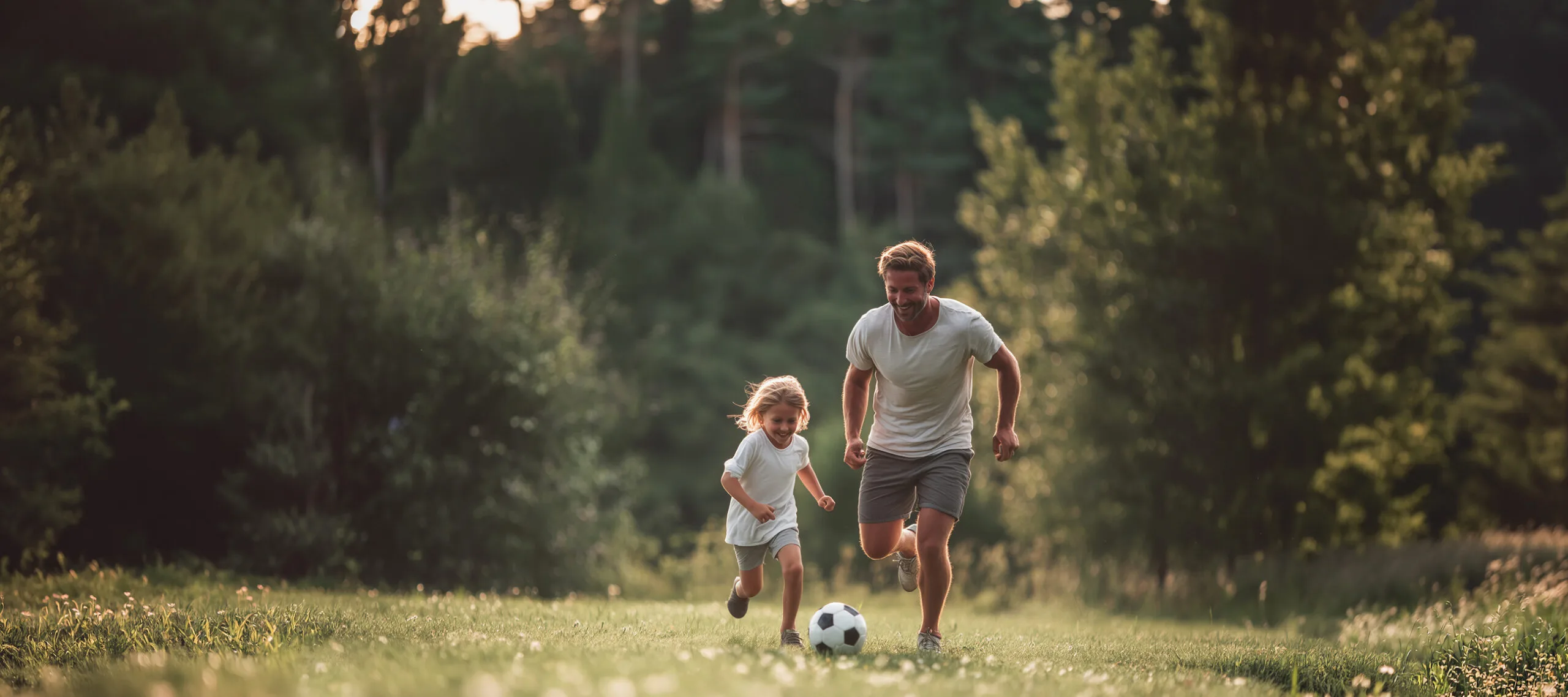 Father playing soccer with his daughter outdoors, representing the family time and personal moments private jets and private aviation can help busy professionals protect