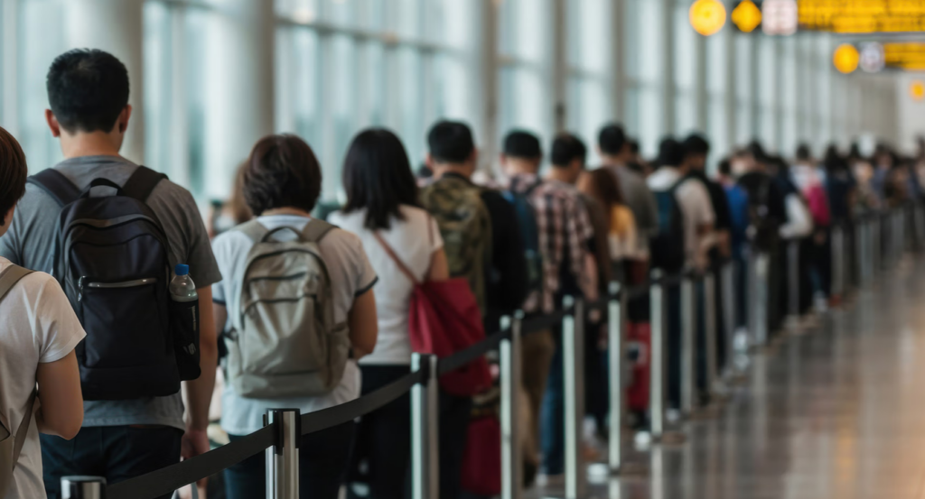 Business travelers waiting in a long airport security line, highlighting the time lost, delays, and inefficiencies of commercial air travel before choosing private charter flight.