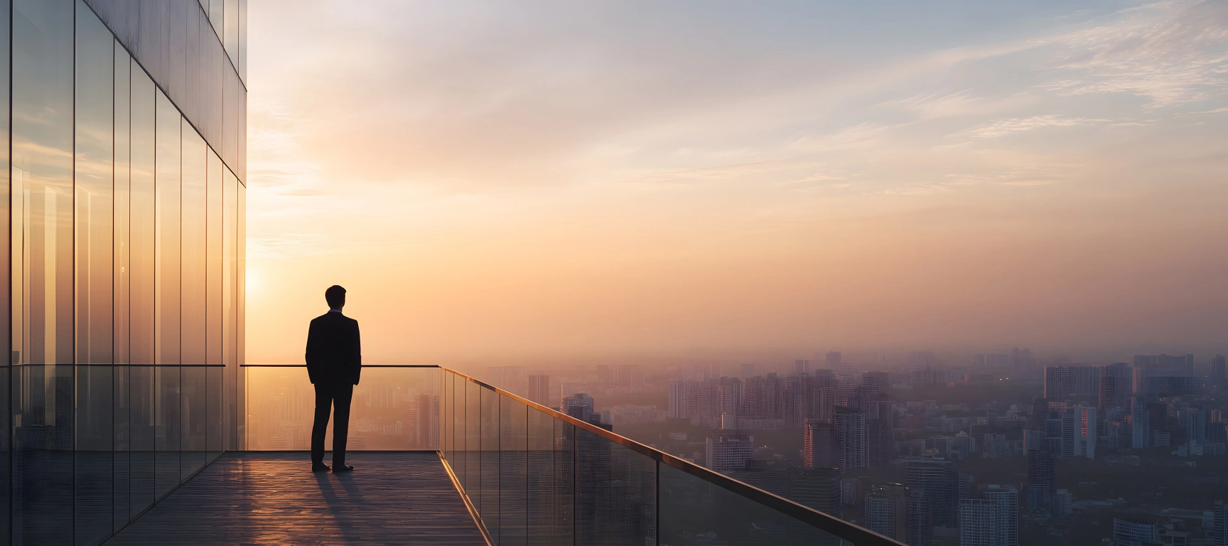 Businessman standing on a high-rise balcony overlooking a city skyline at sunrise, symbolizing the freedom and opportunity created through FLYUSA’s fractional aircraft ownership program.