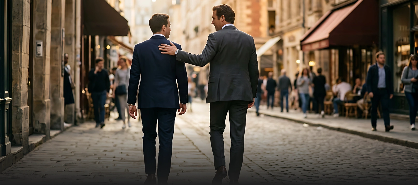 Private aviation advisor walking alongside a client through a city street, symbolizing the trusted guidance behind FLYUSA’s fractional ownership program.