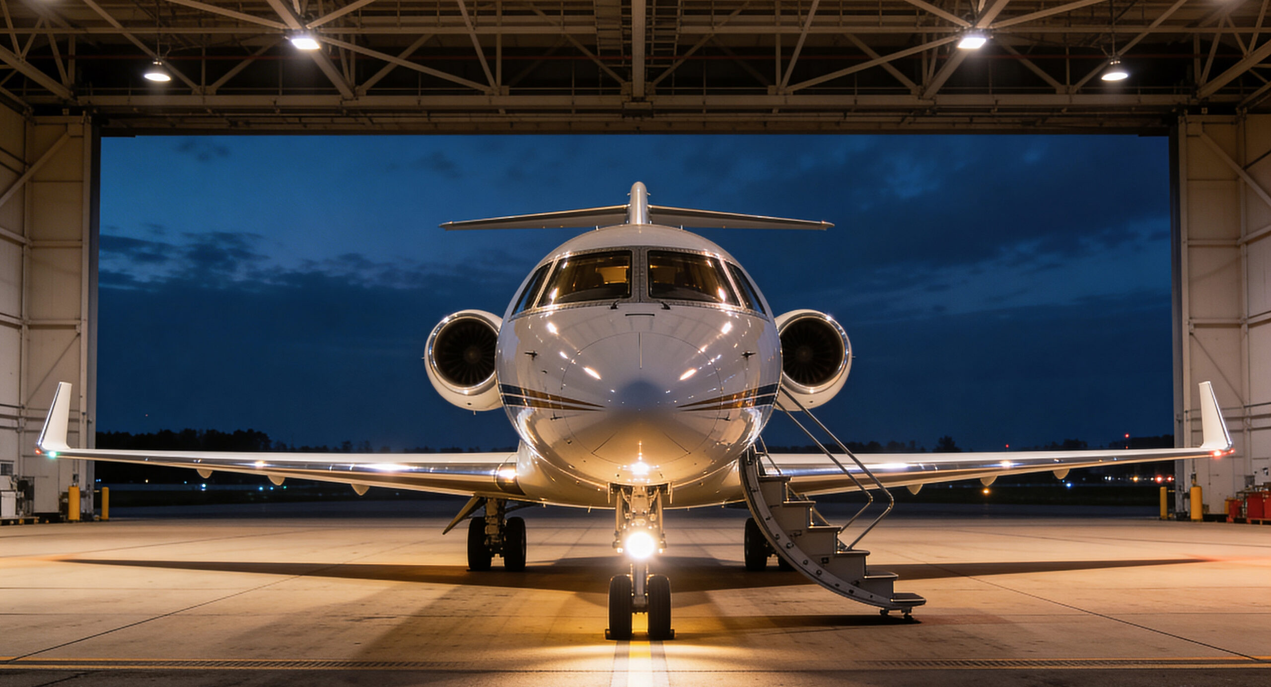 Private jet positioned in a hangar with the cabin door open, representing a completed aircraft acquisition and an aircraft ready for confident ownership and its first mission.