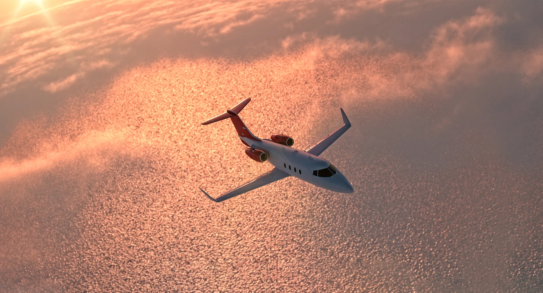 Private jet flying above the clouds at sunset, representing the speed, consistency, and convenience of the FLYUSA private jet charter Jet Card for frequent business travelers.