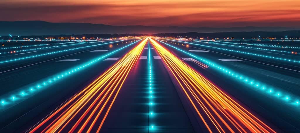Airport runway centerline illuminated at dusk, representing guided private jet charter, streamlined flight planning, and a clear path from request to departure.