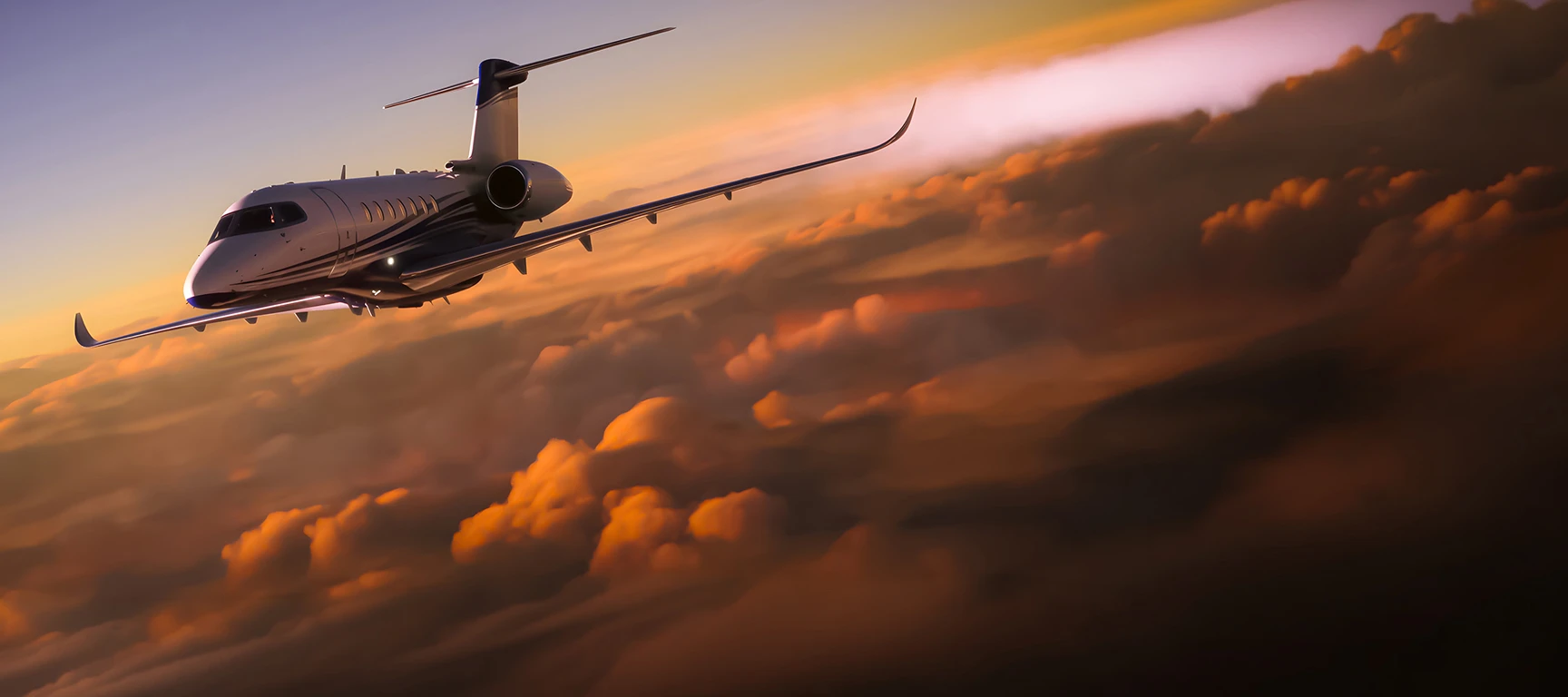 Private jet flying above the clouds at sunset, representing the FLYUSA Jet Card with fixed hourly rates, guaranteed availability, transparent pricing, and flexible access to multiple private aircraft categories.